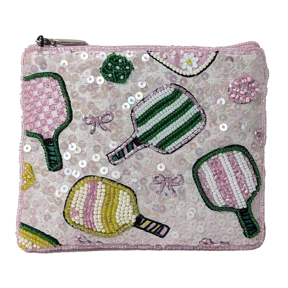 8970 BTC Dazzling Pickleball Chic Beaded & Sequined Zip Card Case: Pink